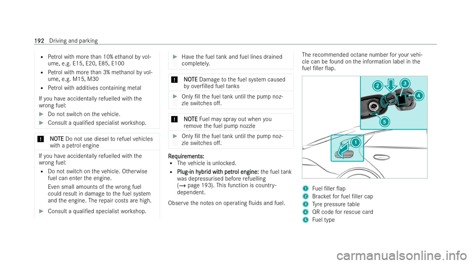 MERCEDES-BENZ AMG GT COUPE 2022 Owners Manual R
Petrol with more than 10% ethanol byvol-
ume, e.g. E15, E20, E85, E100
R Petrol with more than 3% me thanol byvol-
ume, e.g. M15, M30
R Petrol with additives containing me tal
If yo u ha veacciden t MERCEDES-BENZ AMG GT COUPE 2022 Owners Manual R
Petrol with more than 10% ethanol byvol-
ume, e.g. E15, E20, E85, E100
R Petrol with more than 3% me thanol byvol-
ume, e.g. M15, M30
R Petrol with additives containing me tal
If yo u ha veacciden t