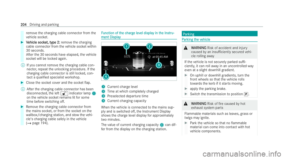 MERCEDES-BENZ AMG GT COUPE 2022 Owners Manual re
mo vethech arging cable connector from the
ve hicle soc ket. #
V
Vehicle soc ke
ehicle soc ket, type 2:
t, type 2: remo vethech arging
cable connector from theve hicle soc ket within
30 seconds.
A MERCEDES-BENZ AMG GT COUPE 2022 Owners Manual re
mo vethech arging cable connector from the
ve hicle soc ket. #
V
Vehicle soc ke
ehicle soc ket, type 2:
t, type 2: remo vethech arging
cable connector from theve hicle soc ket within
30 seconds.
A