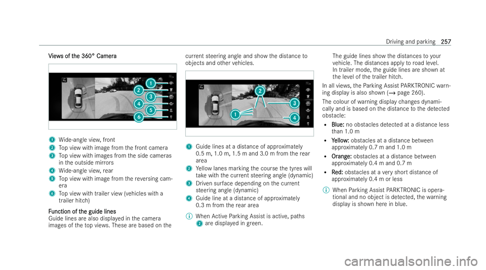 MERCEDES-BENZ AMG GT COUPE 2022 Owners Manual V
V
iew
iew s of t
s of t he 360° Camera
he 360° Camera 1
Wide-angle vie w,front
2 Top view with image from the front camera
3 Top view with images from the side cameras
in the outside mir rors
4 Wi MERCEDES-BENZ AMG GT COUPE 2022 Owners Manual V
V
iew
iew s of t
s of t he 360° Camera
he 360° Camera 1
Wide-angle vie w,front
2 Top view with image from the front camera
3 Top view with images from the side cameras
in the outside mir rors
4 Wi