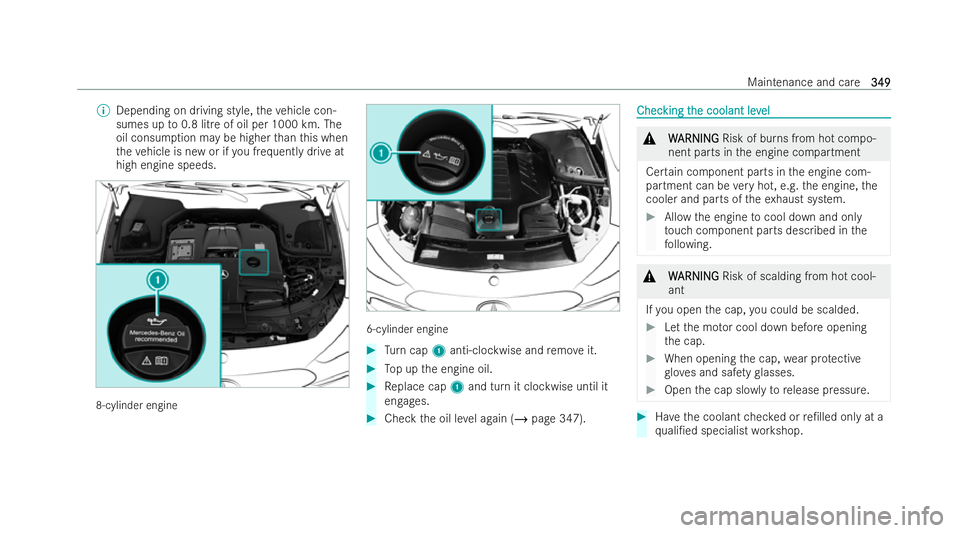 MERCEDES-BENZ AMG GT COUPE 2022 Owners Manual %
Depending on driving style, theve hicle con-
sumes up to0.8 litre of oil per 1000 km. The
oil consum ption may be higher than this when
th eve hicle is new or if you frequently drive at
high engine MERCEDES-BENZ AMG GT COUPE 2022 Owners Manual %
Depending on driving style, theve hicle con-
sumes up to0.8 litre of oil per 1000 km. The
oil consum ption may be higher than this when
th eve hicle is new or if you frequently drive at
high engine