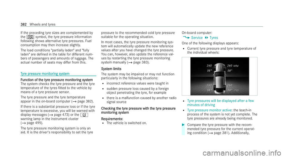 MERCEDES-BENZ AMG GT COUPE 2022 Owners Manual If
th e preceding tyre sizes are complemented by
th e+ symbol, the tyre pressure information
fo llowing sho wsalternative tyre pressures. Fuel
consum ption may then increase slightl y.
The load condit MERCEDES-BENZ AMG GT COUPE 2022 Owners Manual If
th e preceding tyre sizes are complemented by
th e+ symbol, the tyre pressure information
fo llowing sho wsalternative tyre pressures. Fuel
consum ption may then increase slightl y.
The load condit