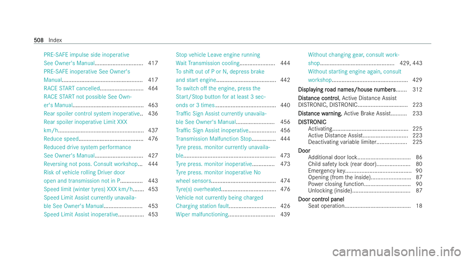 MERCEDES-BENZ AMG GT COUPE 2022 Owners Manual PRE-SAFE impulse side inoperati
ve
See Owner's Manual.............................. 417
PRE-SAFE inope rative See Owner's
Manual .................................................. 417
RACE STA MERCEDES-BENZ AMG GT COUPE 2022 Owners Manual PRE-SAFE impulse side inoperati
ve
See Owner's Manual.............................. 417
PRE-SAFE inope rative See Owner's
Manual .................................................. 417
RACE STA