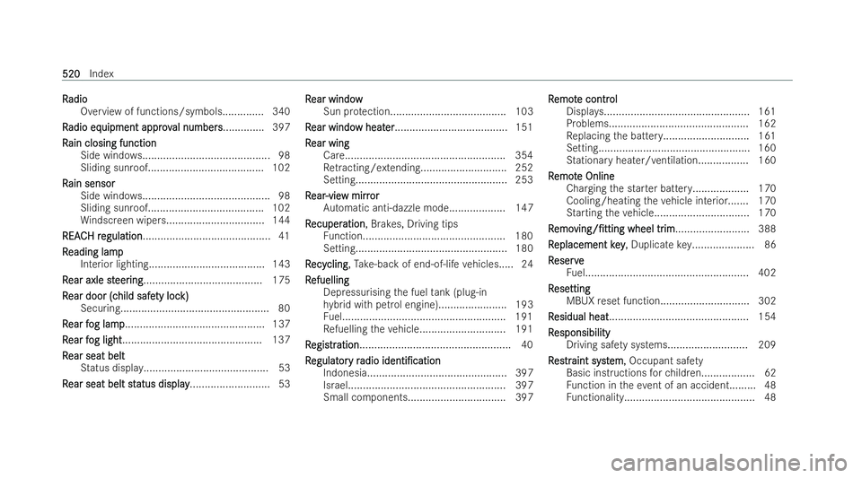 MERCEDES-BENZ AMG GT COUPE 2022 Owners Manual R
R
adio
adio
Overview of functions/symbols.............. 340
R
R adio eq
adio eq uipment appr ov
uipment appr oval numbers
al numbers .............. 397
R
R ain closing function
ain closing function
MERCEDES-BENZ AMG GT COUPE 2022 Owners Manual R
R
adio
adio
Overview of functions/symbols.............. 340
R
R adio eq
adio eq uipment appr ov
uipment appr oval numbers
al numbers .............. 397
R
R ain closing function
ain closing function