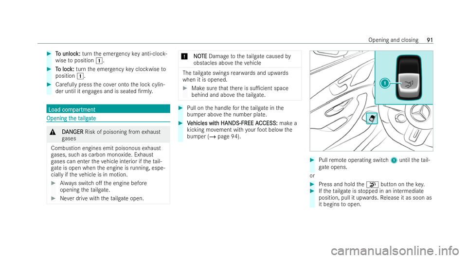 MERCEDES-BENZ AMG GT COUPE 2022 Owners Manual #
T
To unloc
o unloc k:
k:turn the emer gency key anti-cloc k-
wise toposition 1. #
T
To loc
o loc k:
k:turn the emer gency key clockwise to
position 1. #
Carefully press the co ver onto the lock cyli MERCEDES-BENZ AMG GT COUPE 2022 Owners Manual #
T
To unloc
o unloc k:
k:turn the emer gency key anti-cloc k-
wise toposition 1. #
T
To loc
o loc k:
k:turn the emer gency key clockwise to
position 1. #
Carefully press the co ver onto the lock cyli