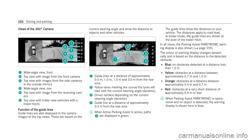 MERCEDES-BENZ AMG GT COUPE 2021 Owners Manual V
V
iew
iew s of t
s of t he 360° Camera
he 360° Camera 1
Wide-angle vie w,front
2 Top view with image from the front camera
3 Top view with images from the side cameras
in the outside mir rors
4 Wi MERCEDES-BENZ AMG GT COUPE 2021 Owners Manual V
V
iew
iew s of t
s of t he 360° Camera
he 360° Camera 1
Wide-angle vie w,front
2 Top view with image from the front camera
3 Top view with images from the side cameras
in the outside mir rors
4 Wi