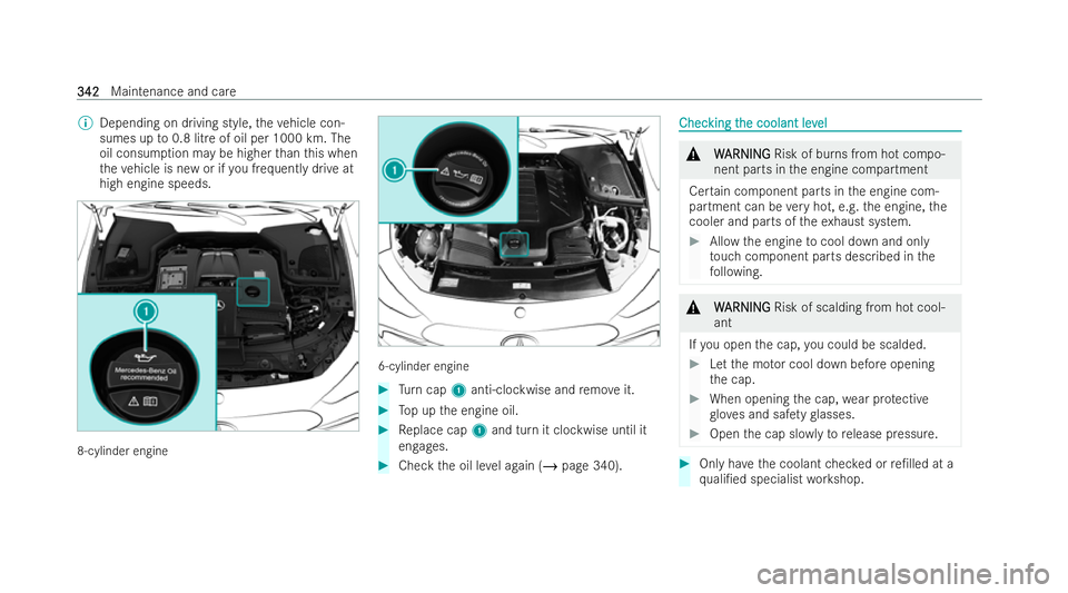 MERCEDES-BENZ AMG GT COUPE 2021 Owners Manual %
Depending on driving style, theve hicle con-
sumes up to0.8 litre of oil per 1000 km. The
oil consum ption may be higher than this when
th eve hicle is new or if you frequently drive at
high engine MERCEDES-BENZ AMG GT COUPE 2021 Owners Manual %
Depending on driving style, theve hicle con-
sumes up to0.8 litre of oil per 1000 km. The
oil consum ption may be higher than this when
th eve hicle is new or if you frequently drive at
high engine