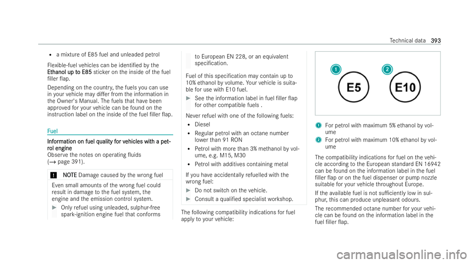 MERCEDES-BENZ AMG GT COUPE 2021 Owners Manual R
a mixtu reof E85 fuel and unleaded petrol
Flexible-fuel vehicles can be identi/ed bythe
Et
Et hanol up t
hanol up t o E85
o E85sticker on the inside of the fuel
/ller 0ap.
Depending on the countr MERCEDES-BENZ AMG GT COUPE 2021 Owners Manual R
a mixtu reof E85 fuel and unleaded petrol
Flexible-fuel vehicles can be identi/ed bythe
Et
Et hanol up t
hanol up t o E85
o E85sticker on the inside of the fuel
/ller 0ap.
Depending on the countr