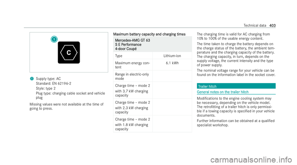 MERCEDES-BENZ AMG GT COUPE 2021 Owners Manual 1
Supply type: AC
St andard: EN 62196-2
St yle: type 2
Plug type: charging cable soc ket and vehicle
plug
Missing values werenot available at the time of
going topress. Maximum batt
Maximum batt er
er MERCEDES-BENZ AMG GT COUPE 2021 Owners Manual 1
Supply type: AC
St andard: EN 62196-2
St yle: type 2
Plug type: charging cable soc ket and vehicle
plug
Missing values werenot available at the time of
going topress. Maximum batt
Maximum batt er
er