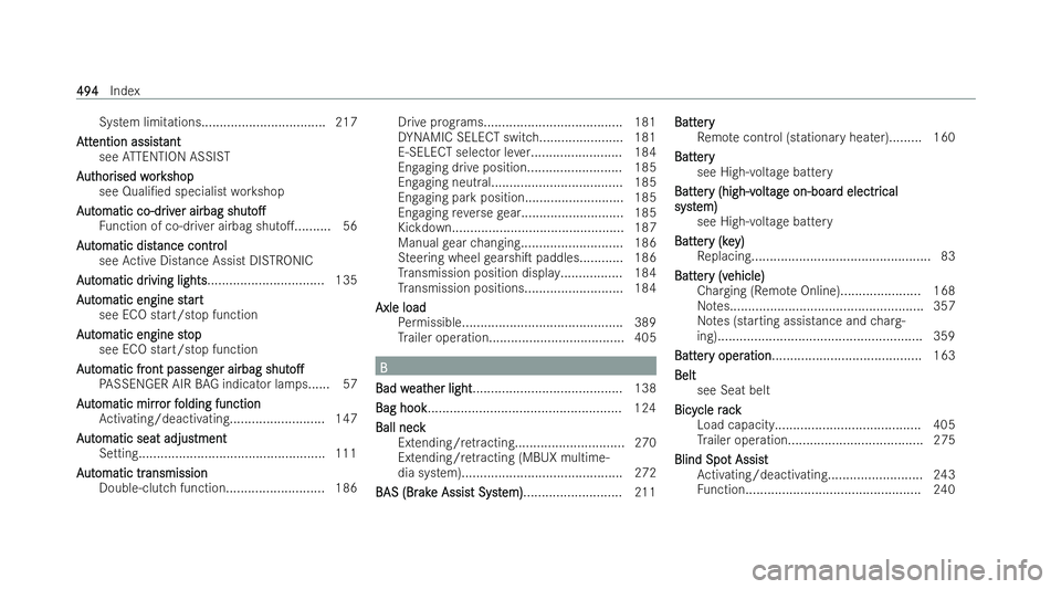 MERCEDES-BENZ AMG GT COUPE 2021 Owners Manual System limitations.................................. 217
A
A tt
tt ention assist
ention assist ant
ant
see ATTENTION ASSIST
A
A ut
ut hor
hor ised w
ised w ork
orkshop
shop
see Quali/ed specialist wo MERCEDES-BENZ AMG GT COUPE 2021 Owners Manual System limitations.................................. 217
A
A tt
tt ention assist
ention assist ant
ant
see ATTENTION ASSIST
A
A ut
ut hor
hor ised w
ised w ork
orkshop
shop
see Quali/ed specialist wo