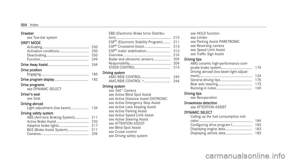 MERCEDES-BENZ AMG GT COUPE 2021 Owners Manual Dra
Dra
wbar
wbar
see Tow- bar system
DRIFT MODE
DRIFT MODE Activating............................................... 250
Ac tivation conditions.............................. 250
Deactivating......... MERCEDES-BENZ AMG GT COUPE 2021 Owners Manual Dra
Dra
wbar
wbar
see Tow- bar system
DRIFT MODE
DRIFT MODE Activating............................................... 250
Ac tivation conditions.............................. 250
Deactivating.........