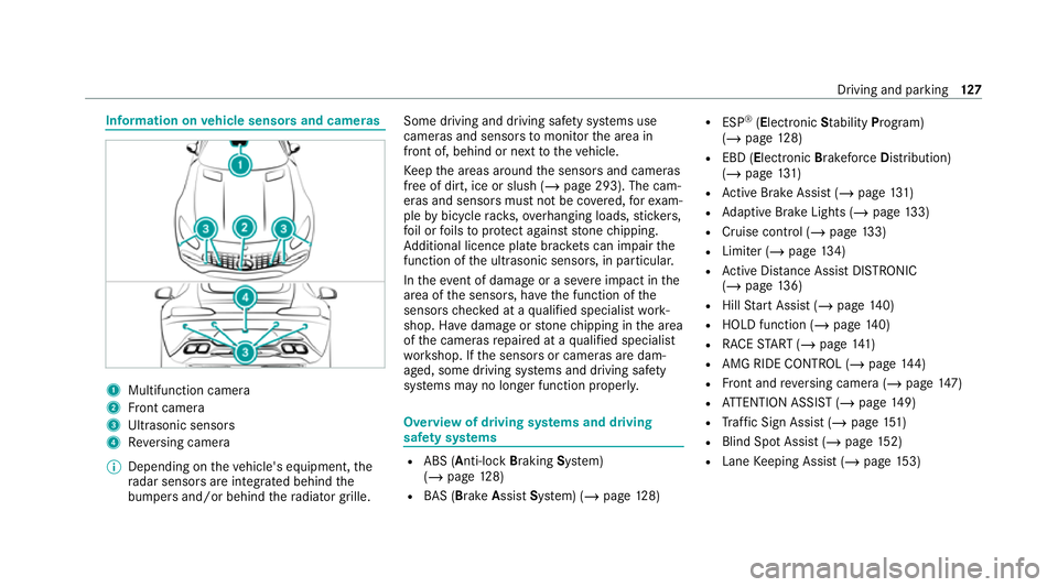 MERCEDES-BENZ AMG GT COUPE 2020 Owners Manual Information on
vehicle sensors and cameras 1
Multifunction camera
2 Front camera
3 Ultrasonic sensors
4 Reversing camera
% Depending on theve hicle's equipment, the
ra dar sensors are integ rated MERCEDES-BENZ AMG GT COUPE 2020 Owners Manual Information on
vehicle sensors and cameras 1
Multifunction camera
2 Front camera
3 Ultrasonic sensors
4 Reversing camera
% Depending on theve hicle's equipment, the
ra dar sensors are integ rated
