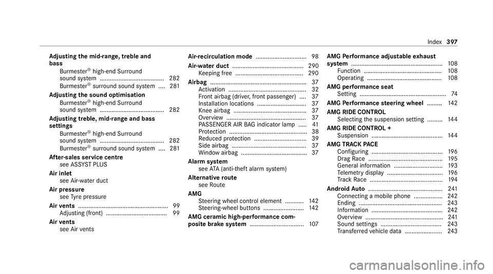 MERCEDES-BENZ AMG GT COUPE 2020 Owners Manual Ad
justing the mid- range, treble and
bass
Burmes ter®
high-end Sur round
sound sy stem ...................................... 282
Burmes ter®
sur round sound sy stem ....2 81
Ad justing the sound o MERCEDES-BENZ AMG GT COUPE 2020 Owners Manual Ad
justing the mid- range, treble and
bass
Burmes ter®
high-end Sur round
sound sy stem ...................................... 282
Burmes ter®
sur round sound sy stem ....2 81
Ad justing the sound o