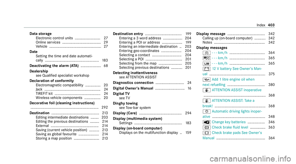 MERCEDES-BENZ AMG GT COUPE 2020 Owners Manual Data
storage
Electronic control units ........................ .27
Online services ...................................... 29
Ve hicle ................................................... 27
Date Settin MERCEDES-BENZ AMG GT COUPE 2020 Owners Manual Data
storage
Electronic control units ........................ .27
Online services ...................................... 29
Ve hicle ................................................... 27
Date Settin