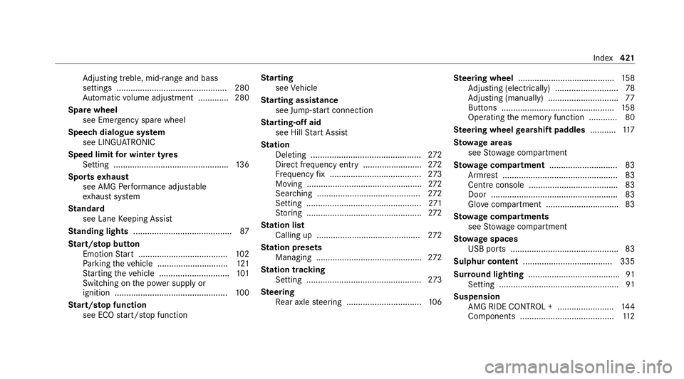 MERCEDES-BENZ AMG GT COUPE 2020 Owners Manual Ad
justing treble, mid-range and bass
settings ............................................... 280
Au tomatic volume adjustment ............ .280
Spare wheel see Emer gency spa rewheel
Speech dialogue MERCEDES-BENZ AMG GT COUPE 2020 Owners Manual Ad
justing treble, mid-range and bass
settings ............................................... 280
Au tomatic volume adjustment ............ .280
Spare wheel see Emer gency spa rewheel
Speech dialogue