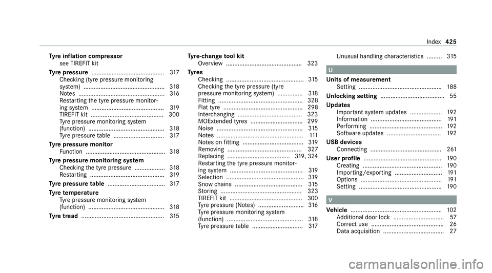 MERCEDES-BENZ AMG GT COUPE 2020 Owners Manual Ty
re inflation compressor
see TIREFIT kit
Ty re pressure ........................................... 317
Checking (tyre pressure monitoring
sy stem) ................................................ 3 MERCEDES-BENZ AMG GT COUPE 2020 Owners Manual Ty
re inflation compressor
see TIREFIT kit
Ty re pressure ........................................... 317
Checking (tyre pressure monitoring
sy stem) ................................................ 3