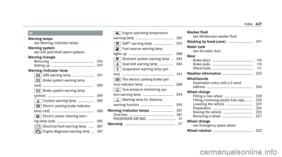 MERCEDES-BENZ AMG GT COUPE 2020 Owners Manual W
Wa rning lamps
see Warning/indicator lamps
Wa rning sy stem
see ATA (anti-theft alarm sy stem)
Wa rning triangle
Re moving ............................................ 296
Setting up ............... MERCEDES-BENZ AMG GT COUPE 2020 Owners Manual W
Wa rning lamps
see Warning/indicator lamps
Wa rning sy stem
see ATA (anti-theft alarm sy stem)
Wa rning triangle
Re moving ............................................ 296
Setting up ...............