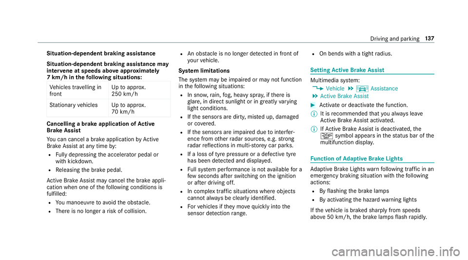 MERCEDES-BENZ AMG GT COUPE 2018 Owners Manual Situation-dependent braking assistance
Situation-dependent braking assistance may
inter vene at speeds abo veappr oxima tely
7 km/h in thefo llowing situations:
Ve hicles tr avelling in
front Up
toapp MERCEDES-BENZ AMG GT COUPE 2018 Owners Manual Situation-dependent braking assistance
Situation-dependent braking assistance may
inter vene at speeds abo veappr oxima tely
7 km/h in thefo llowing situations:
Ve hicles tr avelling in
front Up
toapp