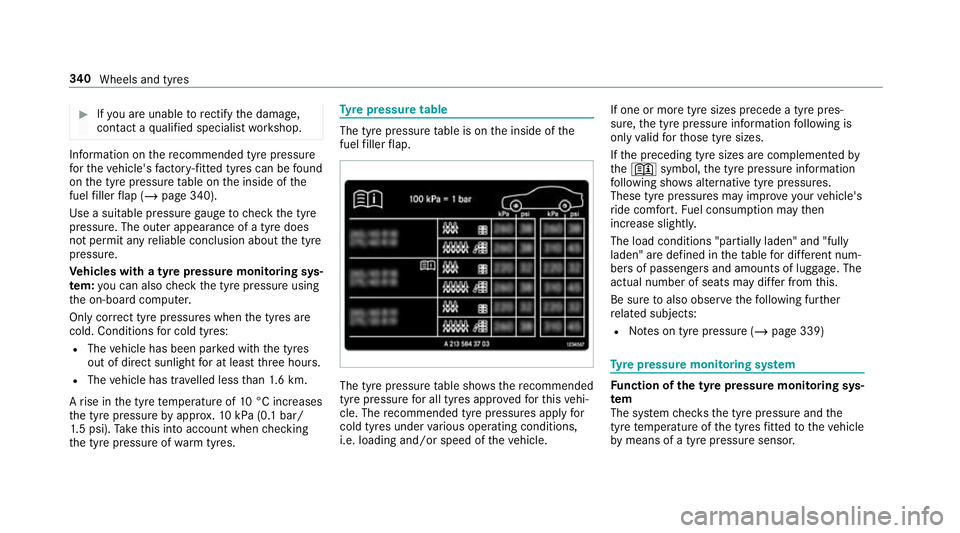 MERCEDES-BENZ AMG GT COUPE 2018 Owners Manual #
Ifyo u are unable torectify the damage,
conta ct aqualified specialist workshop. Information on
there commended tyre pressure
fo rth eve hicle's factor y-fitted tyres can be found
on the tyre pr MERCEDES-BENZ AMG GT COUPE 2018 Owners Manual #
Ifyo u are unable torectify the damage,
conta ct aqualified specialist workshop. Information on
there commended tyre pressure
fo rth eve hicle's factor y-fitted tyres can be found
on the tyre pr