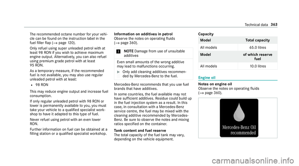 MERCEDES-BENZ AMG GT COUPE 2018 Owners Manual The
recommended octane number foryo ur vehi‐
cle can be found on the instruction label in the
fuel filler flap (/ page120).
On lyrefuel using super unleaded petrol with at
lea st98 RON if you wish t MERCEDES-BENZ AMG GT COUPE 2018 Owners Manual The
recommended octane number foryo ur vehi‐
cle can be found on the instruction label in the
fuel filler flap (/ page120).
On lyrefuel using super unleaded petrol with at
lea st98 RON if you wish t