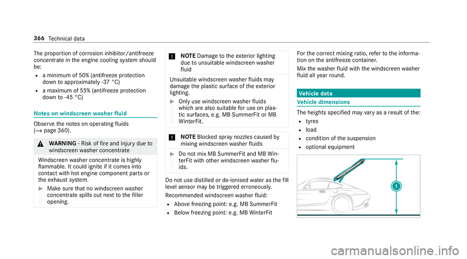 MERCEDES-BENZ AMG GT COUPE 2018 Owners Manual The proportion of cor
rosion inhibitor/antifreeze
concentrate in the engine cooling sy stem should
be:
R a minimum of 50% (antifreeze pr otection
down toappr oximately -37 °C)
R a maximum of 55% (ant MERCEDES-BENZ AMG GT COUPE 2018 Owners Manual The proportion of cor
rosion inhibitor/antifreeze
concentrate in the engine cooling sy stem should
be:
R a minimum of 50% (antifreeze pr otection
down toappr oximately -37 °C)
R a maximum of 55% (ant