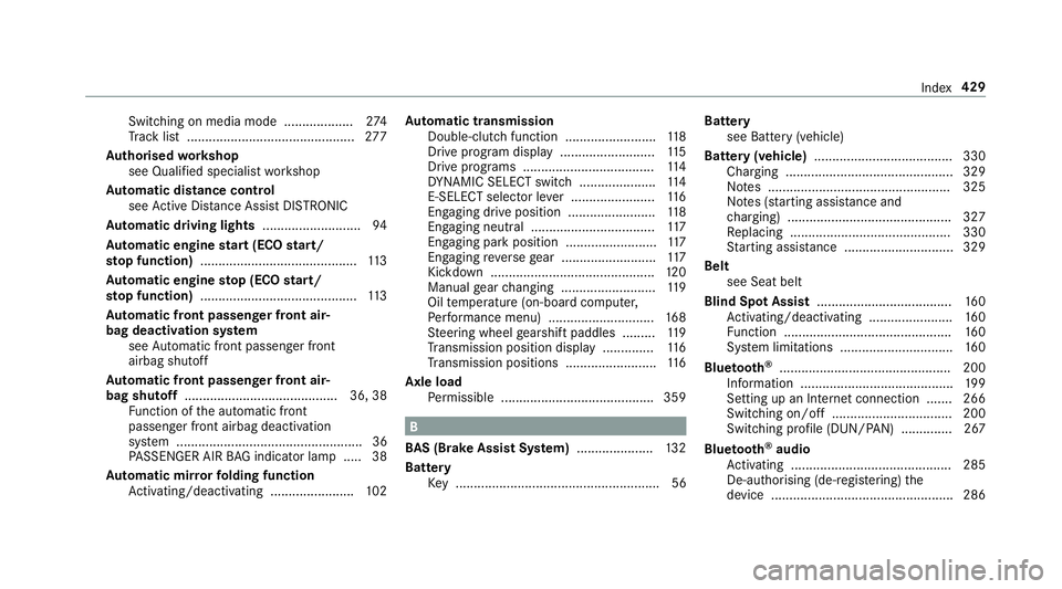 MERCEDES-BENZ AMG GT COUPE 2018 Owners Manual Switching on media mode ...................
274
Tr ack list .............................................. 277
Au thorised workshop
see Qualified specialist workshop
Au tomatic distance control
see Ac MERCEDES-BENZ AMG GT COUPE 2018 Owners Manual Switching on media mode ...................
274
Tr ack list .............................................. 277
Au thorised workshop
see Qualified specialist workshop
Au tomatic distance control
see Ac
