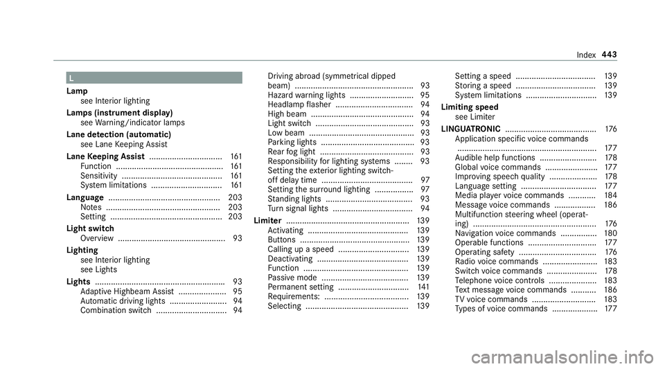 MERCEDES-BENZ AMG GT COUPE 2018 Owners Manual L
Lamp see In terior lighting
Lamps (instrument display) see Warning/indicator lamps
Lane de tection (au tomatic)
see Lane Keeping Assist
Lane Keeping Assist ................................ 161
Fu nc MERCEDES-BENZ AMG GT COUPE 2018 Owners Manual L
Lamp see In terior lighting
Lamps (instrument display) see Warning/indicator lamps
Lane de tection (au tomatic)
see Lane Keeping Assist
Lane Keeping Assist ................................ 161
Fu nc