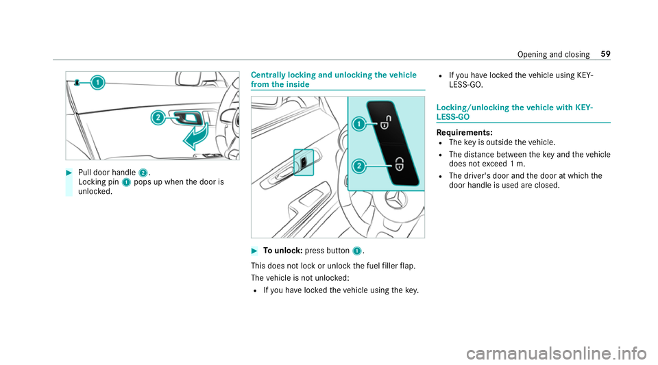 MERCEDES-BENZ AMG GT COUPE 2018  Owners Manual #
Pull door handle 2.
Locking pin 1pops up when the door is
unloc ked. Centrally locking and unlocking
theve hicle
from the inside #
Tounlo ck:press button 1.
This does not lo ckor unlock the fuel fil