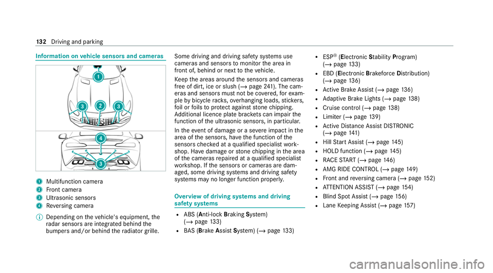 MERCEDES-BENZ AMG GT ROADSTER 2020  Owners Manual Information on
vehicle sensors and cameras 1
Multifunction camera
2 Front camera
3 Ultrasonic sensors
4 Reversing camera
% Depending on theve hicle's equipment, the
ra dar sensors are integ rated 