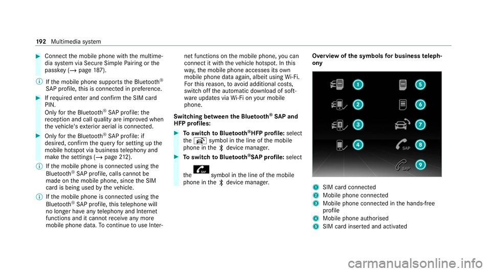 MERCEDES-BENZ AMG GT ROADSTER 2020 Owners Manual #
Connect the mobile phone with the multime‐
dia sy stem via Secure Simple Pairing or the
passk ey (/page 187).
% Ifth e mobile phone supports the Blue tooth®
SA P profile, this is connecte d in pr MERCEDES-BENZ AMG GT ROADSTER 2020 Owners Manual #
Connect the mobile phone with the multime‐
dia sy stem via Secure Simple Pairing or the
passk ey (/page 187).
% Ifth e mobile phone supports the Blue tooth®
SA P profile, this is connecte d in pr