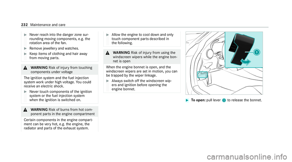 MERCEDES-BENZ AMG GT ROADSTER 2020 Owners Manual #
Neverre ach into the danger zone sur‐
ro unding moving co mponents, e.g. the
ro tation area of thefa n. #
Remo vejewe llery and watches. #
Keep items of clo thing and hair away
from moving parts. MERCEDES-BENZ AMG GT ROADSTER 2020 Owners Manual #
Neverre ach into the danger zone sur‐
ro unding moving co mponents, e.g. the
ro tation area of thefa n. #
Remo vejewe llery and watches. #
Keep items of clo thing and hair away
from moving parts.