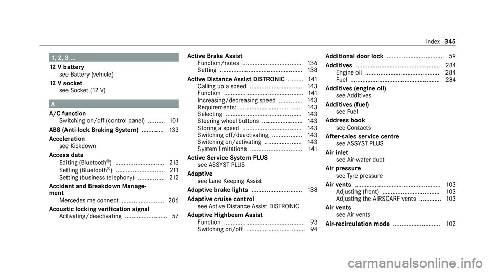 MERCEDES-BENZ AMG GT ROADSTER 2020  Owners Manual 1,
2, 3 ...
12 V battery
see Battery (vehicle)
12 V so cket
see Soc ket (12 V) A
A/C function Switching on/o ff(control panel) .......... 101
ABS (Anti-lock Braking Sy stem) ............ .133
Ac celer