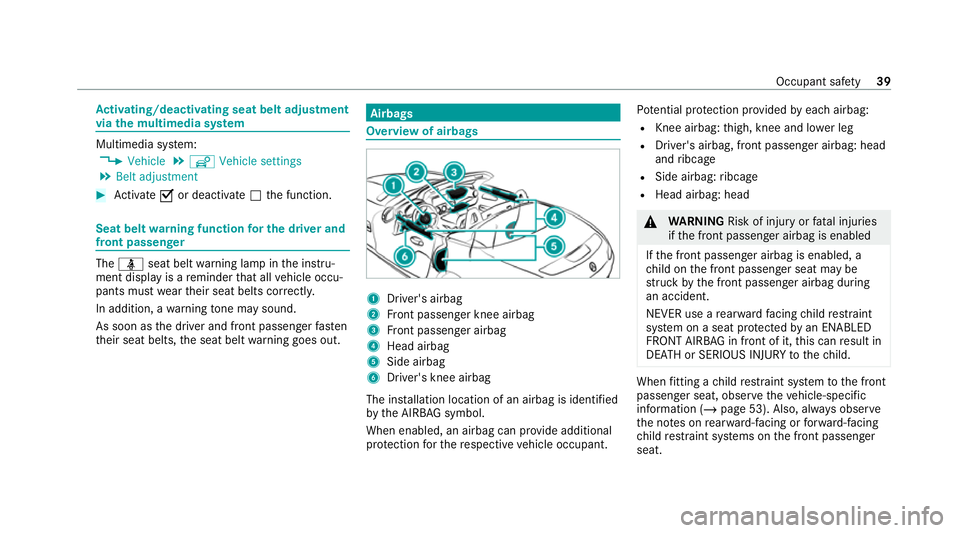 MERCEDES-BENZ AMG GT ROADSTER 2020 Owners Manual Ac
tivating/deactivating seat belt adjustment
via the multimedia sy stem Multimedia sy
stem:
4 Vehicle 5
î Vehicle settings
5 Belt adjustment #
Activate Oor deacti vate ª the function. Seat belt
war MERCEDES-BENZ AMG GT ROADSTER 2020 Owners Manual Ac
tivating/deactivating seat belt adjustment
via the multimedia sy stem Multimedia sy
stem:
4 Vehicle 5
î Vehicle settings
5 Belt adjustment #
Activate Oor deacti vate ª the function. Seat belt
war