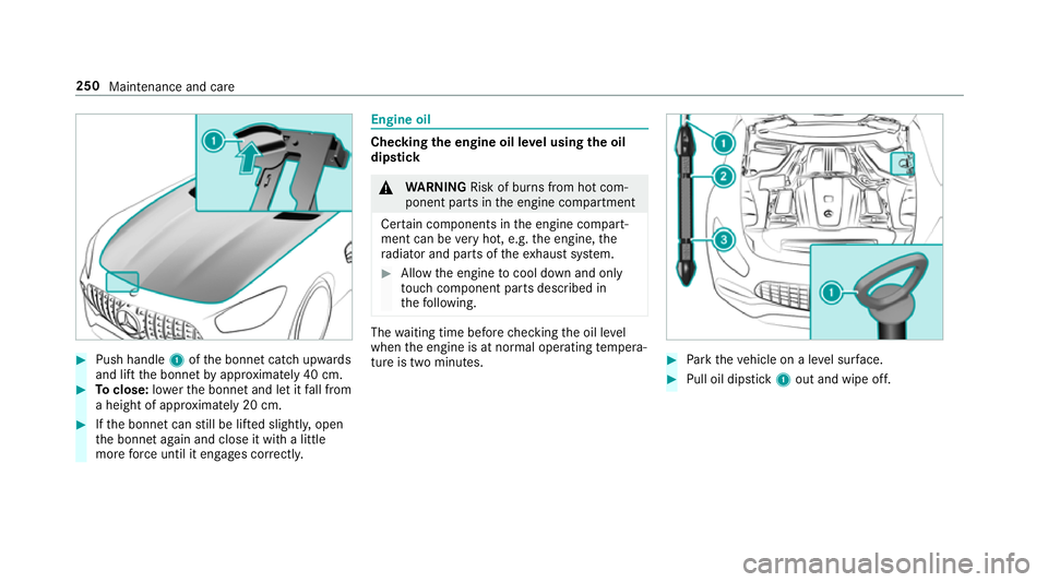 MERCEDES-BENZ AMG GT ROADSTER 2018  Owners Manual #
Push handle 1ofthe bonn etcatch up wards
and lift the bonn etby appr oximately 40 cm. #
Toclose: lowe rth e bonn etand let it fall from
a height of appr oximately 20 cm. #
Ifth e bonn etcan still be