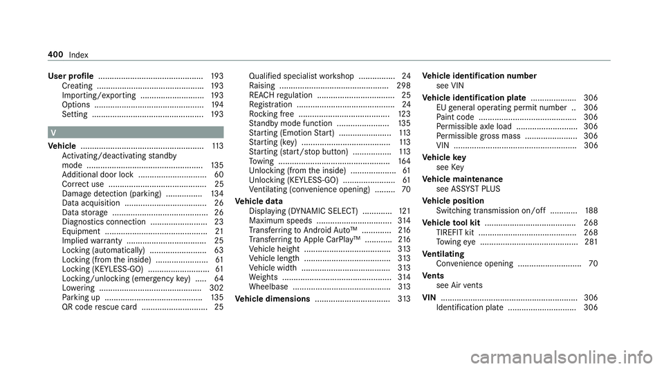 MERCEDES-BENZ AMG GT ROADSTER 2018  Owners Manual User profile
.............................................. 19 3
Creating .............................................. .193
Importing/exporting ............................ 19 3
Options ............