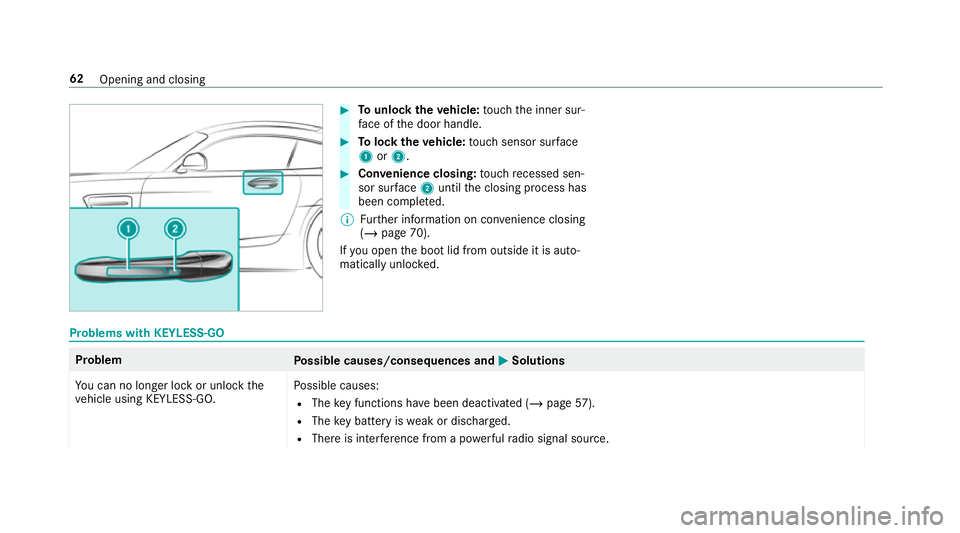 MERCEDES-BENZ AMG GT ROADSTER 2018  Owners Manual #
Tounlo cktheve hicle: touch the inner sur‐
fa ce of the door handle. #
Tolock theve hicle: touch sensor sur face
1 or2. #
Convenience closing: touch recessed sen‐
sor su rface 2until the closing