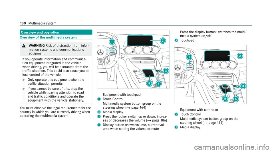 MERCEDES-BENZ AMG GT R-ROADSTER 2020 Owners Manual Overview and operation
Overview of
the multimedia sy stem &
WARNING Risk of dist raction from infor‐
mation sy stems and communications
equipment
If yo u operate information and communica‐
tion eq MERCEDES-BENZ AMG GT R-ROADSTER 2020 Owners Manual Overview and operation
Overview of
the multimedia sy stem &
WARNING Risk of dist raction from infor‐
mation sy stems and communications
equipment
If yo u operate information and communica‐
tion eq