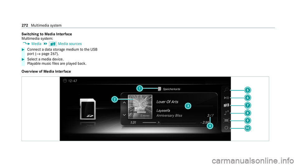 MERCEDES-BENZ AMG GT R-ROADSTER 2020  Owners Manual Switching
toMedia Inter face
Multimedia sy stem:
4 Media 5
à Media sources #
Connect a data storage medium tothe USB
port (/ page 267). #
Select a media device.
Playable music files are pla yed bac k