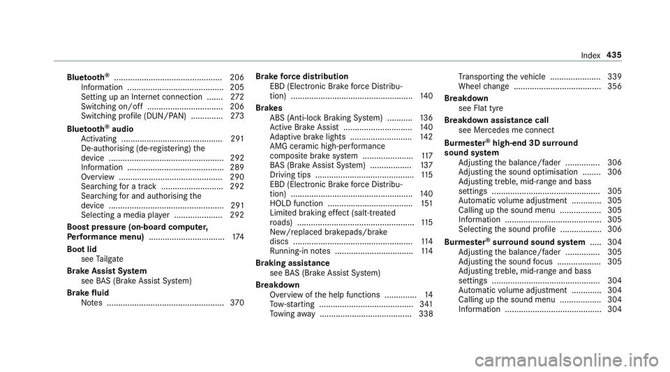 MERCEDES-BENZ AMG GT R-ROADSTER 2018  Owners Manual Blue
tooth ®
............................................... 206
Information .......................................... 205
Setting up an Internet connection ....... 272
Switching on/off ............
