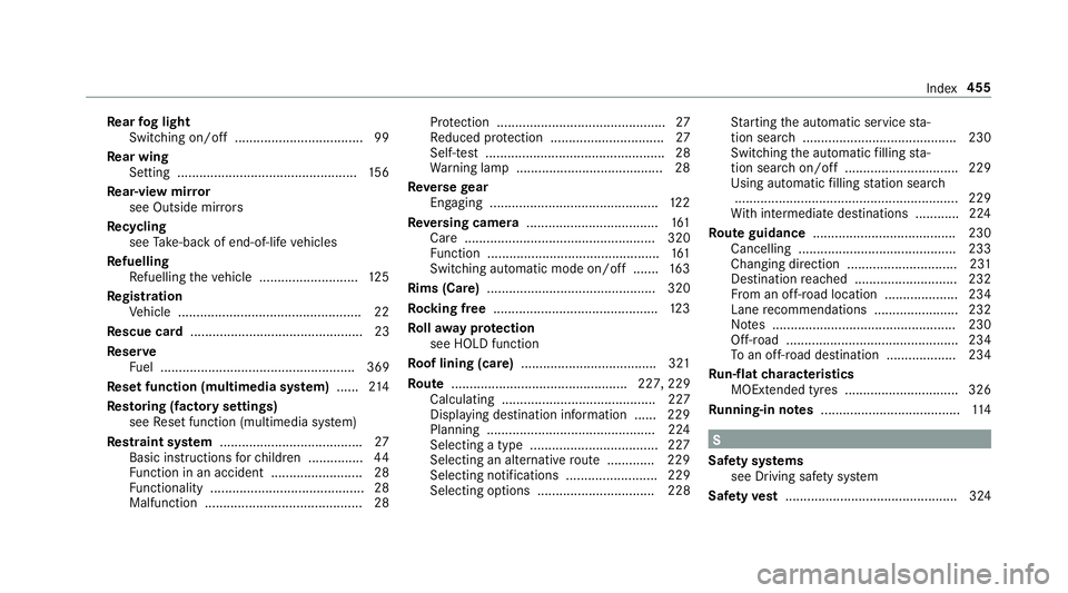 MERCEDES-BENZ AMG GT R-ROADSTER 2018 Owners Manual Re
ar fog light
Switching on/off ...................................99
Re ar wing
Setting ................................................. 15 6
Re ar-view mir ror
see Outside mir rors
Re cycling
see MERCEDES-BENZ AMG GT R-ROADSTER 2018 Owners Manual Re
ar fog light
Switching on/off ...................................99
Re ar wing
Setting ................................................. 15 6
Re ar-view mir ror
see Outside mir rors
Re cycling
see