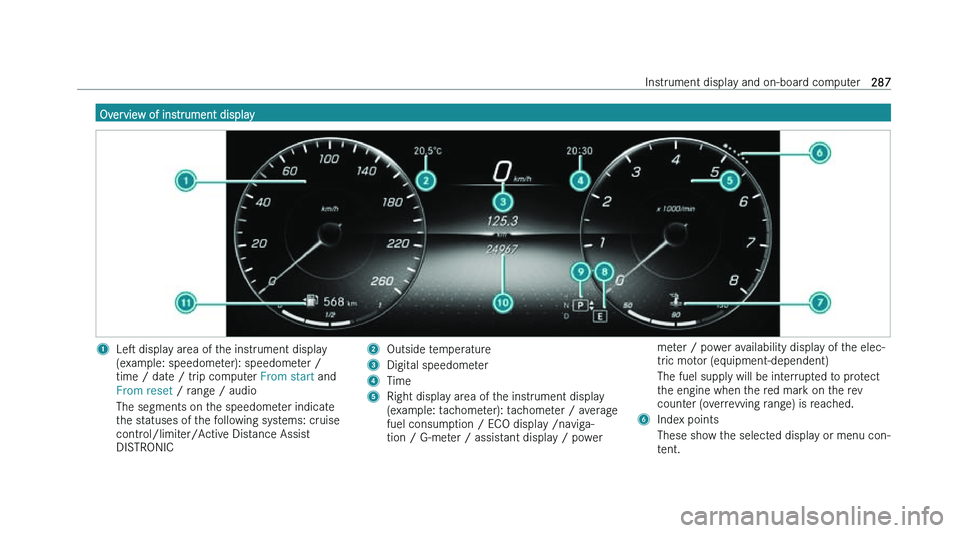MERCEDES-BENZ B-CLASS HATCHBACK 2022  Owners Manual �O�v�e�r�v�i�e�w� �o�f� �i�n�s�t�r�u�m�e�n�t� �d�i�s�p�l�a�y
�1
�L�es� �d�i�s�p�l�a�y� �a�r�e�a� �o�f� �t�h�e� �i�n�s�t�r�u�m�e�n�t� �d�i�s�p�l�a�y
�(�e�x�a�m�p�l�e�:� �s�p�e�e�d�o�m�e�t�e�r�)�:� �s�