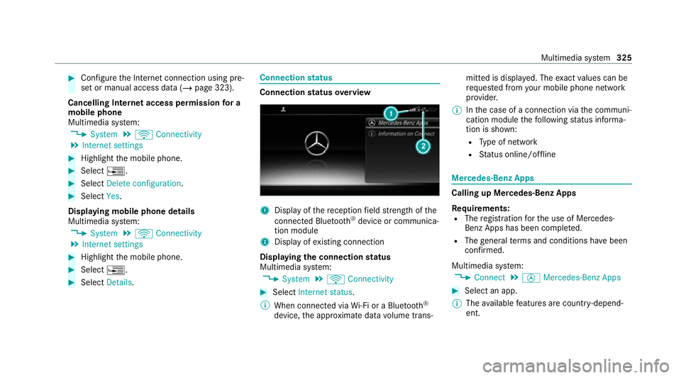 MERCEDES-BENZ C-CLASS CABRIOLET 2021  Owners Manual #
Con figure the Internet connection using pre‐
set or manual access data (/ page 323).
Cancelling Internet access permission for a
mobile phone
Multimedia sy stem:
4 System 5
ö Connectivity
5 Inte