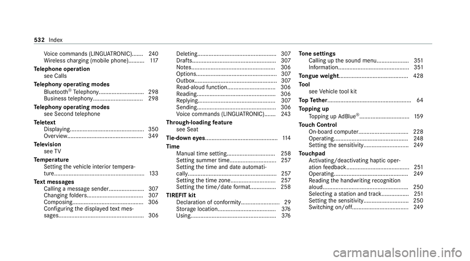 MERCEDES-BENZ C-CLASS CABRIOLET 2021  Owners Manual Vo
ice commands (LINGU ATRO NIC)....... 24 0
Wi reless charging (mobile phone).......... 11 7
Te lephone operation
see Calls
Te lephony operating modes
Blue tooth ®
Te lephony........................