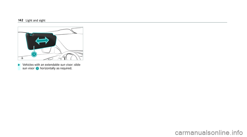 MERCEDES-BENZ C-CLASS CABRIOLET 2018  Owners Manual 0007
Vehicles with an extendable sun visor: slide
sun visor 1horizontal lyas requ ired. 14 2
Light and sight 