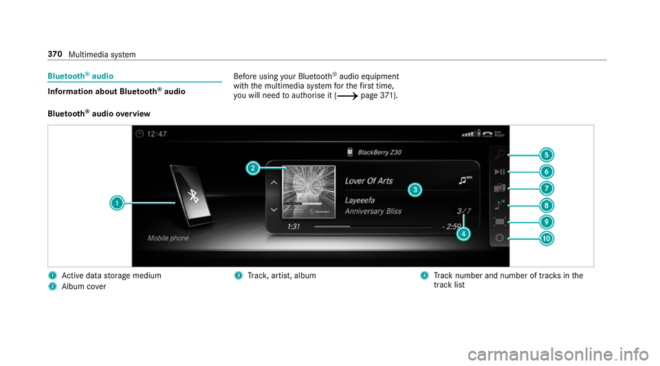 MERCEDES-BENZ C-CLASS CABRIOLET 2018  Owners Manual Blue
tooth ®
audio Information about Blue
tooth ®
audio Before using
your Blue tooth®
audio equipment
with the multimedia sy stem forth efirs t time,
yo u will need toauthorise it (0013 page371).
B