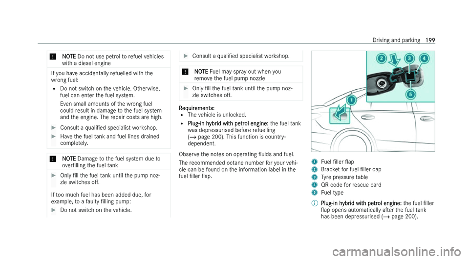 MERCEDES-BENZ C-CLASS SALOON 2022  Owners Manual �*
�N�O�T�E � �D�o� �n�o�t� �u�s�e� �p�e�t�r�o�l� �t�o� �r�e�f�u�e�l� �v�e�h�i�c�l�e�s
�w�i�t�h� �a� �d�i�e�s�e�l� �e�n�g�i�n�e �I�f� �y�o�u� �h�a�v�e� �a�c�c�i�d�e�n�t�a�l�l�y� �r�e�f�u�e�l�l�e�d� �w