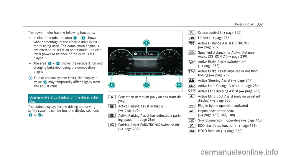 MERCEDES-BENZ C-CLASS SALOON 2022  Owners Manual �T�h�e� �p�o�w�e�r� �m�e�t�e�r� �h�a�s� �t�h�e� �f�o�l�l�o�w�i�n�g� �f�u�n�c�t�i�o�n�s�:
�= �I�n� �e�l�e�c�t�r
�i�c� �m�o�d�e�,� �t�h�e� �a�r�e�a�  �1� !