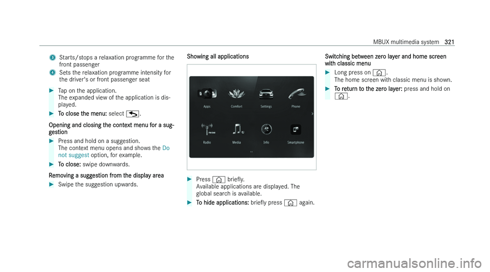 MERCEDES-BENZ C-CLASS SALOON 2022  Owners Manual �3
�S�t�a�r�t�s�/�s�t�o�p�s� �a� �r�e�l�a�x�a�t�i�o�n� �p�r�o�g�r�a�m�m�e� �f�o�r� �t�h�e
�f�r
�o�n�t� �p�a�s�s�e�n�g�e�r
�4 �S�e�t�s� �t�h�e� �r�e�l�a�x�a�t�i�o�n� �p�r�o�g�r�a�m�m�e� �i�n�t�e�n�s�i�