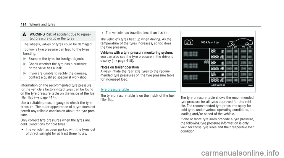 MERCEDES-BENZ C-CLASS SALOON 2022  Owners Manual �&
�W�A�R�N�I�N�G � �R�i�s�k� �o�f� �a�c�c�i�d�e�n�t� �d�u�e� �t �o� �r�e�p�e�a�-
�t�e�d� �p�r�e�s�s�u�r�e� �d�r�o�p� �i�n� �t�h�e� �t�y�r�e�s
�T�h�e� �w�h�e�e�l�s�,� �v�a�l�v�e�s� �o�r� �t�y�r�e�s� �
