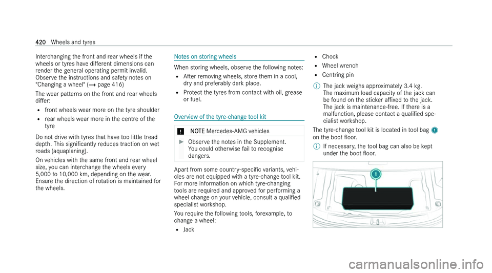 MERCEDES-BENZ C-CLASS SALOON 2022  Owners Manual �I�n�t�e�r�c�h�a�n�g�i�n�g� �t�h�e� �f�r�o�n�t� �a�n�d� �r�e�a�r� �w�h�e�e�l�s� �i�f� �t�h�e
�w�h�e�e�l�s� �o�r� �t�y�r
�e�s� �h�a�v�e� �d�iM�e�r�e�n�t � �d�i�m�e�n�s�i�o�n�s� �c�a�n
�r�e�n�d�e�r� �t