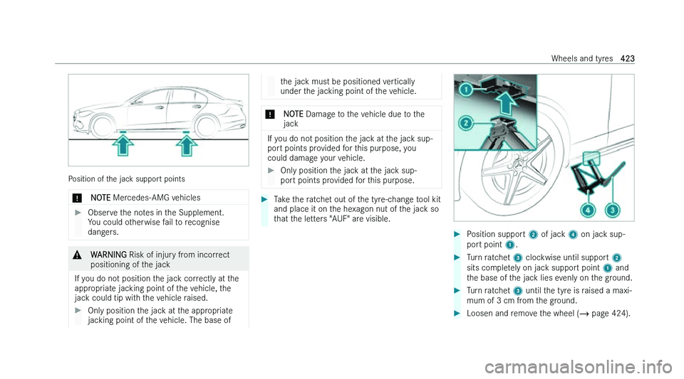 MERCEDES-BENZ C-CLASS SALOON 2022  Owners Manual �P�o�s�i�t�i�o�n� �o�f� �t�h�e� �j�a�c�k� �s�u�p�p�o�r�t� �p�o�i�n�t�s
�* �N�O�T�E � �M�e�r�c�e�d�e�s�-�A�M�G� �v�e�h�i�c�l�e�s �
�O�b�s�e�r�v�e� �t�h�e� �n�o�t�e�s� �i�n� �t�h�e� �S�u�p�p�l�e�m�e�n�
